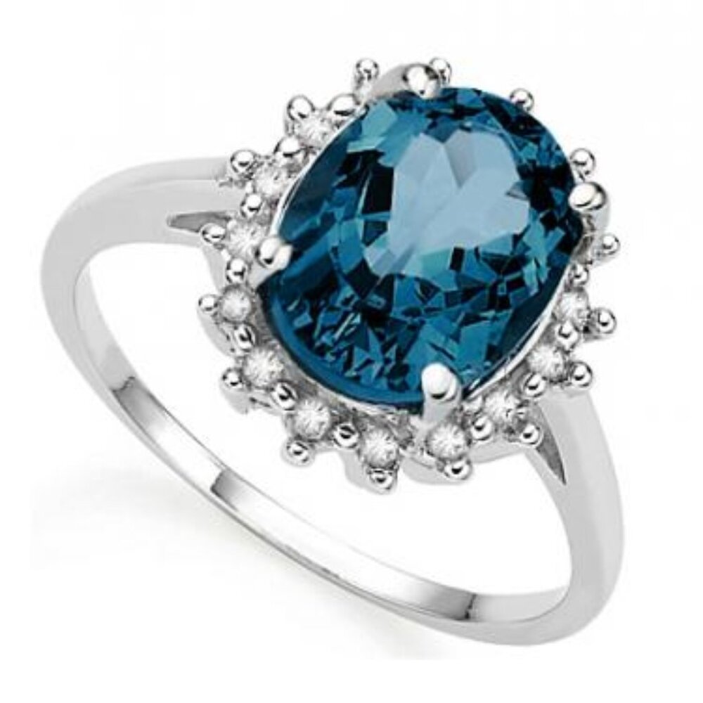 14K White Gold Over Sterling Silver Diamonds and 3.0 CTW London Blue Topaz Ring